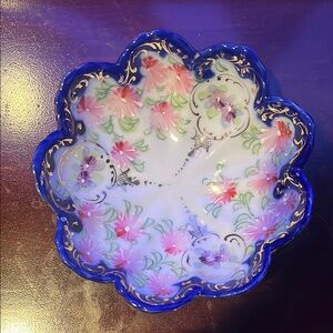 vintage hand-painted Nippon porcelain Floral Blue and Pink Decorative Bowl